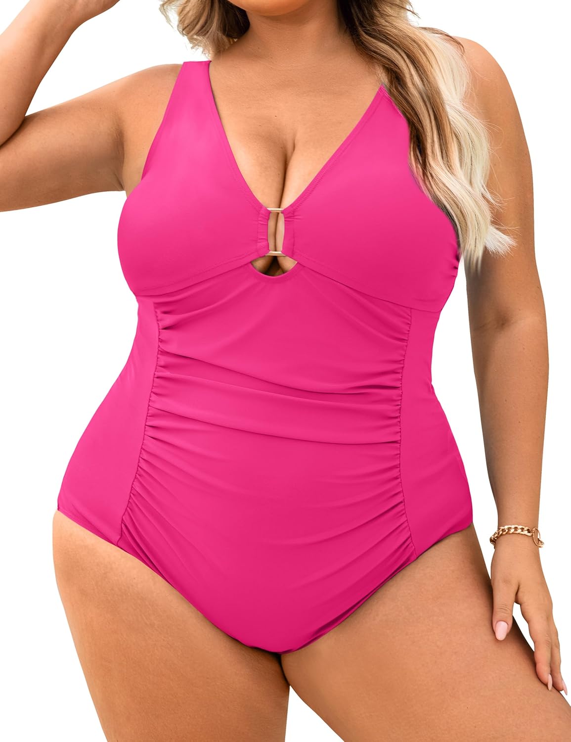 Women's Plus Size One Piece Swimsuits Tummy Control Ruched Bathing Suit Sexy Cutout Deep V Neck Swim Suit XL