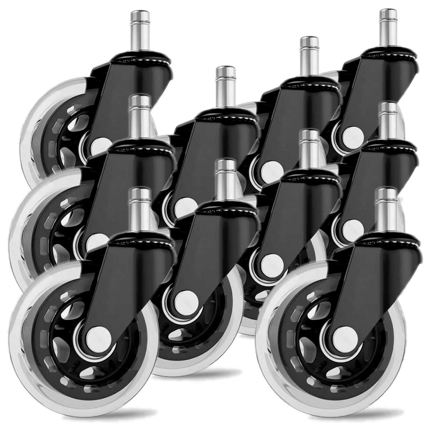 Office Chair Wheels - Replacement Rubber Wheels - Universal Fit 3 Inch Casters, Heavy-Duty Computer Gaming Chair Casters, Smooth & Safe Rolling Noise (Not for 1KEA) (10 Pack Black & Clear)
