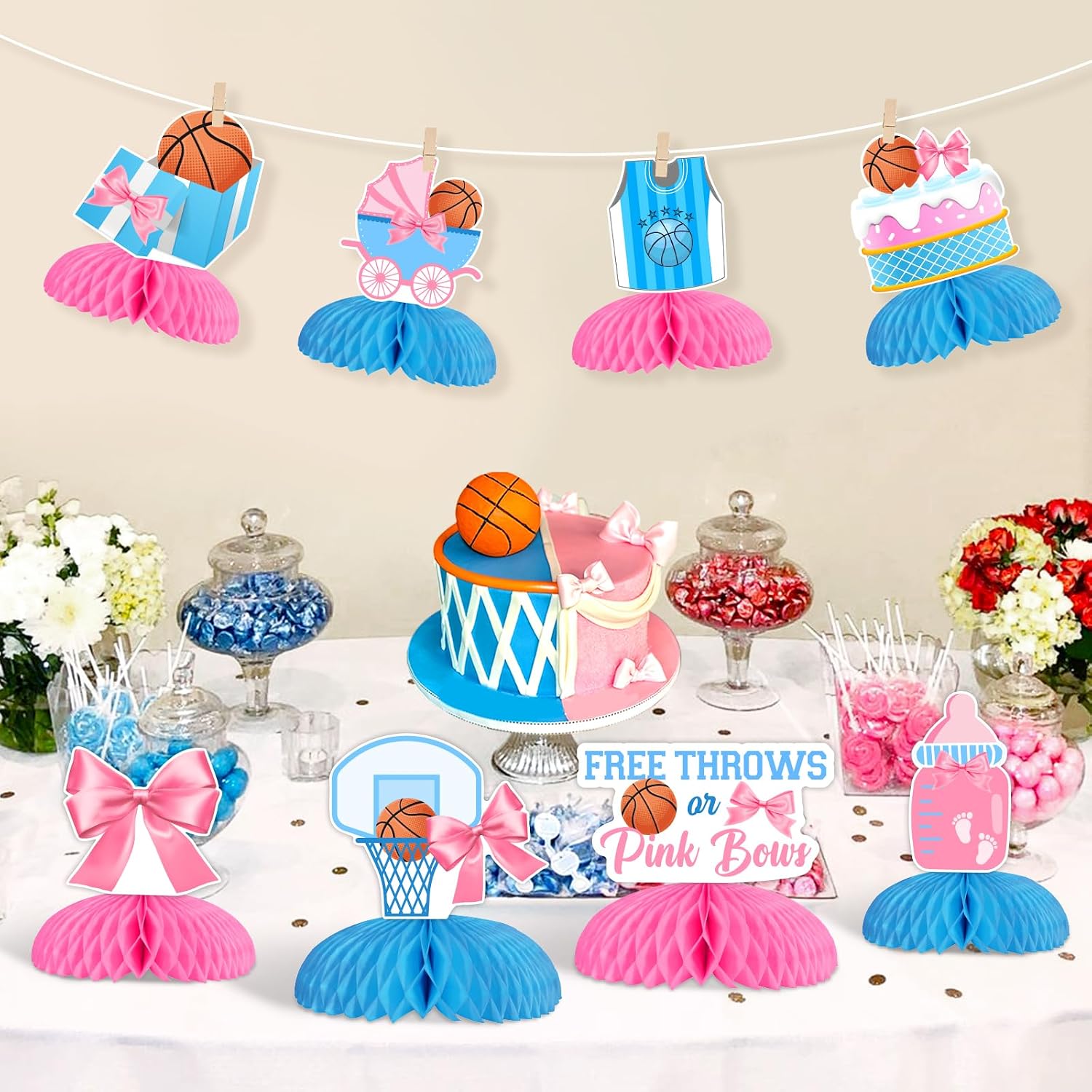 8 Pieces Free Throws or Pink Bows Gender Reveal Honeycomb Centerpieces - Pink Blue Basketball or Bows Gender Reveal Table Decorations, Double Sided Table Toppers for Sports Themed Party