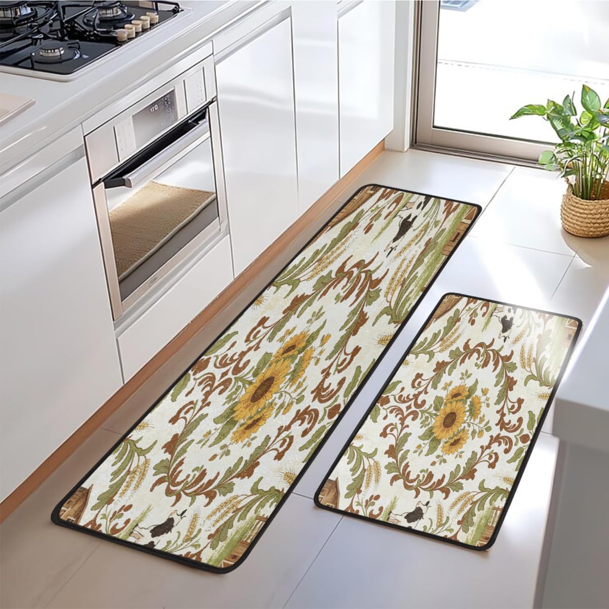 Anti Fatigue Sunflower Cow Baroque Print Kitchen Mats for Floor 2 Piece Set, Waterproof Non Slip Boho Kitchen Floor Rugs, Comfort Standing Mat for Sink Laundry & Home Kitchen 17"x47"+17"x29"