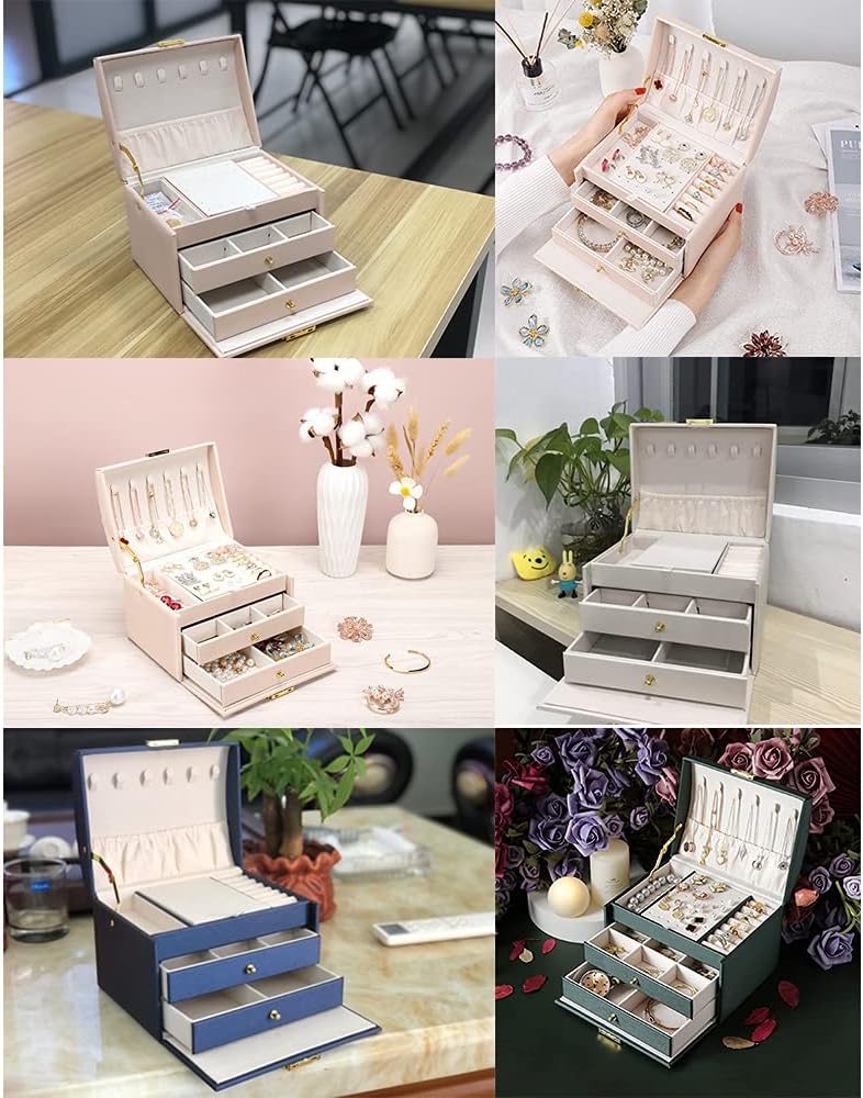 Portable Jewelry Box with Lock, 3 Layer Jewelry Organizer Case for Women Girls, Suitable for Earrings, Bracelets, Rings, Watches and Accessories Storage and Display (Navy Blue)