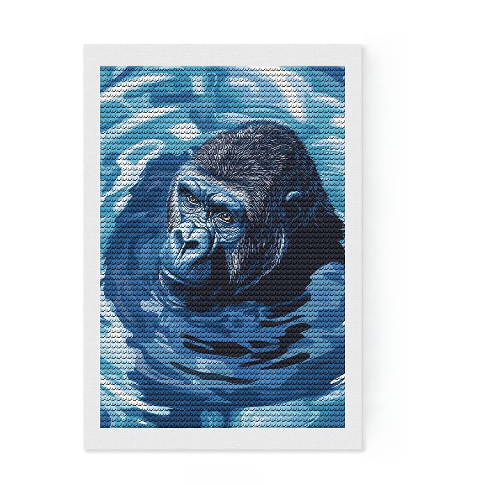 Junmoney Blue Gorilla in Water Digital Art Diamond Art Kit 8"x12", Calming Craft to Unwind, with Tool Kit, Living Room Decor, Festive Craft Gift