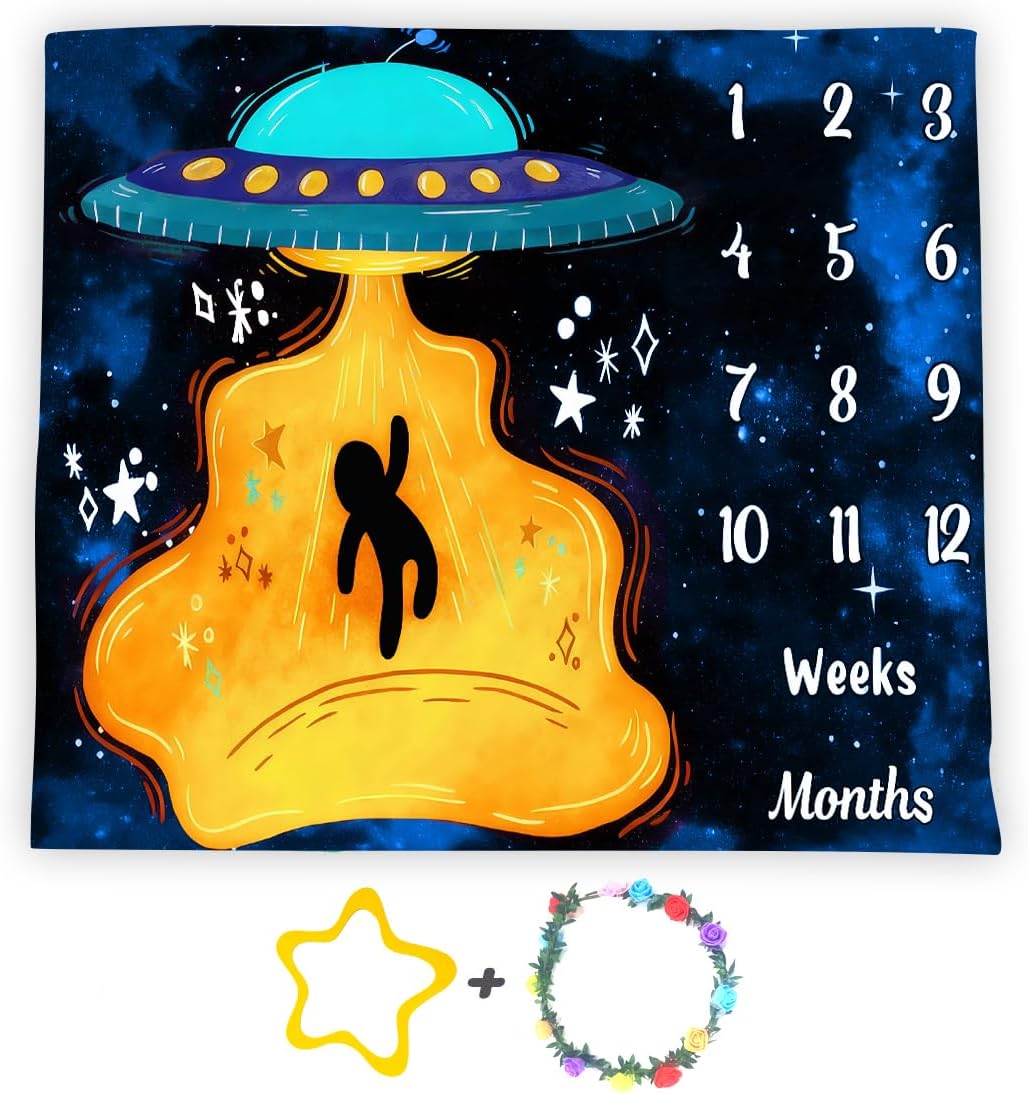 UFO Baby Monthly Milestone Blanket, 60x40in Soft Flannel, Alien Round Spaceship, Newborn Mom Gifts, Baby Shower Age Growth Tracker with Bonus Maker (White Blue, 60x40in)