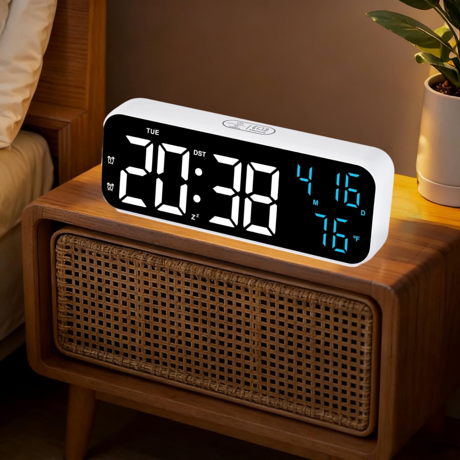 Alarm Clock, 7" LED Screen Digital Clock for Bedroom,Electronic Desktop Clock with Date, Month, Temperature Displayed- 12/24H, Bedside Desk Table Clock for Home, Bedroom, Office
