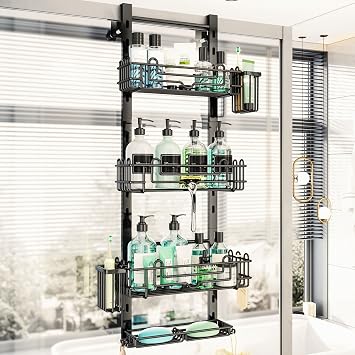 HapiRm Over Door Shower Caddy - 4 Tier Adjustable Shower Caddy Hanging | 304 Stainless Steel Bathroom Shower Caddy with 22 Hooks and 2 Toothbrush Holders, Shower Shelves No Drilling for Bathroom