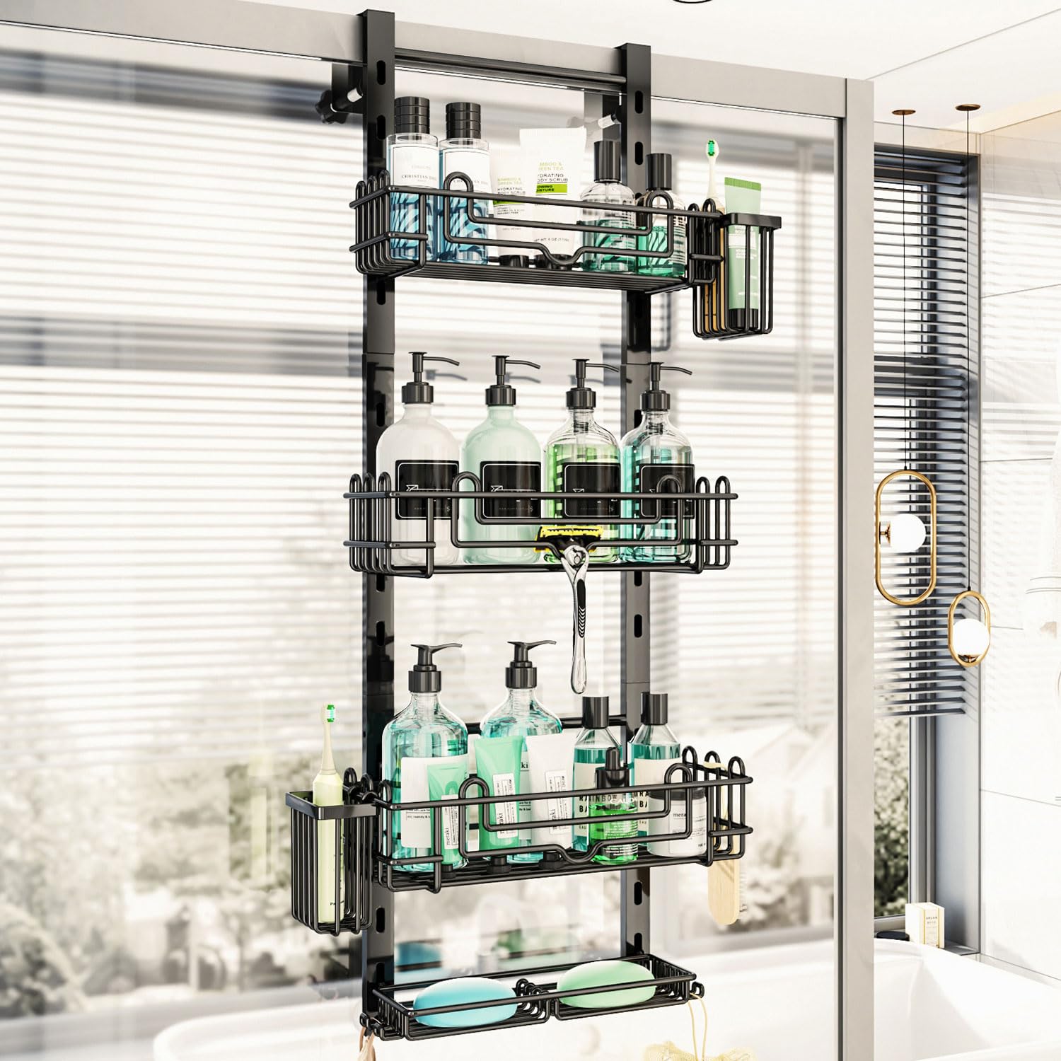 HapiRm 4 Tier Over the Door Shower Caddy Hanging Shower Caddy with 22 Hooks and 2 Toothbrush Holders