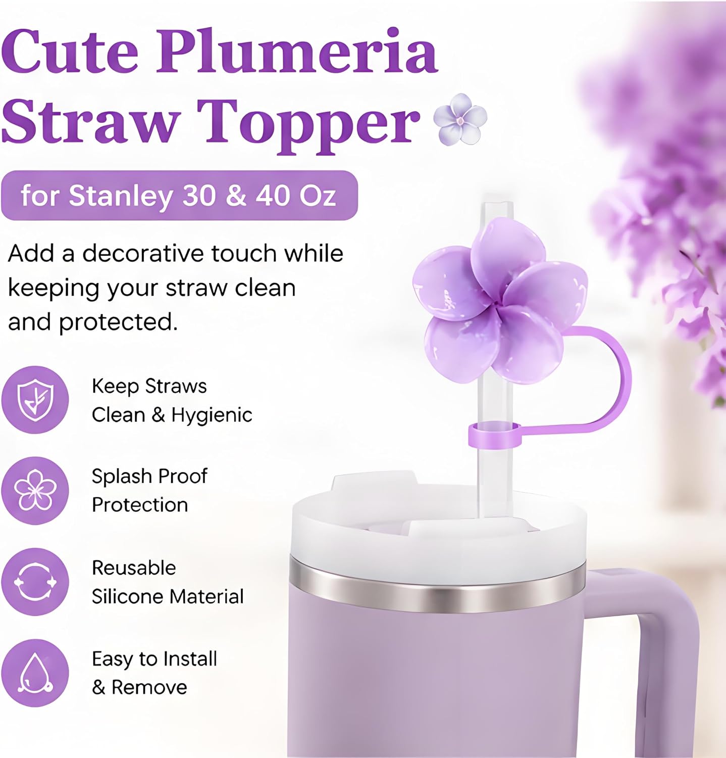 Silicone Straw Topper for Stanley 30 and 40 Oz, Cute Plumeria Straw Cover Caps, Splash Proof Reusable Straw Topper Accessories for 8mm Straws, Tumbler Decoration for Travel, Office, Gym (Purple) image 4