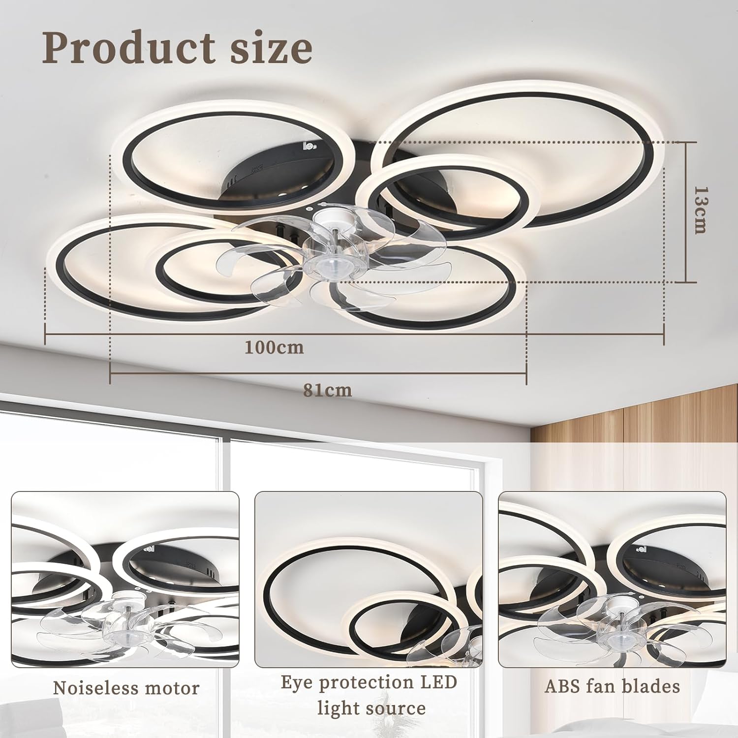 Ceiling Fans with Lights, 39.9in LED Dimmable Ceiling Fan with Remote Control, 85W 6800Lm Low Profile Ceiling Fan with Light Reversible Motor, 6 Gears, Ceiling Fan for Living Room, Bedroom, Black