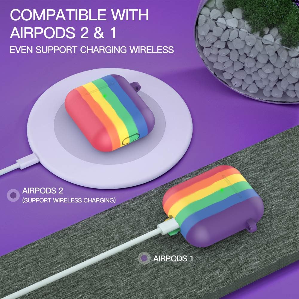 CTYBB for Airpod Case,Silicone Airpods Case Cover with Fur Ball Keychain Compatible with Apple Airpods 2/1 (Front LED Visible) Rainbow