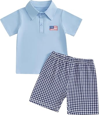 Bonangber Toddler Baby Boy Summer Clothes Golf Embroidery Short Sleeve Collared Polo T Shirt Plaid Shorts Set Cute Outfits