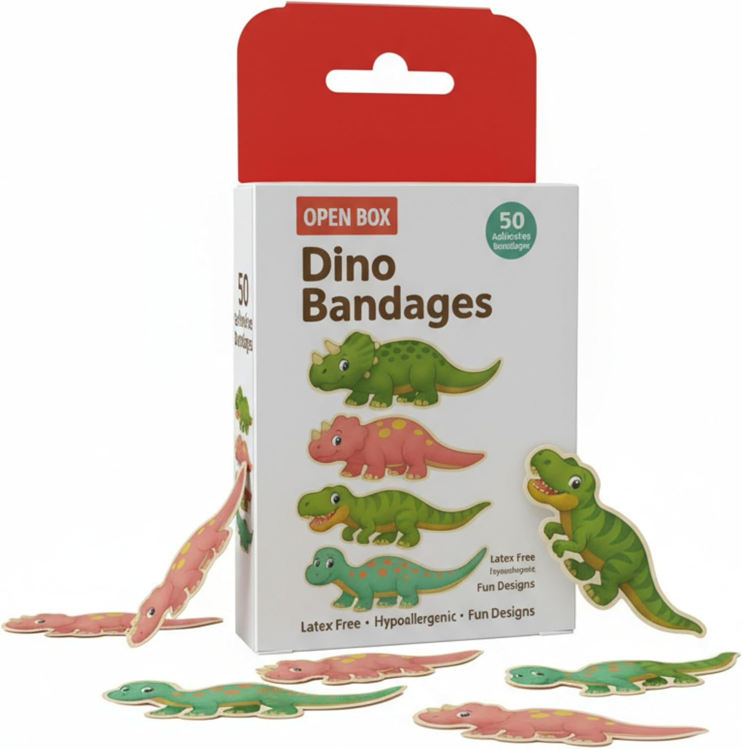 Kids Cute Dino Bandages – Fun Dinosaur Adhesive Bandages for Children, Waterproof & Hypoallergenic, Latex-Free and Painless, Safe for Sensitive Skin – 50 Count Box (2.16 x 0.79 Inch)