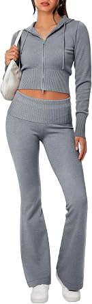 RXRXCOCO Womens Knit Set 2 Piece Lounge Sets Cropped Zip up Hoodie Fold Over Flare Pants Casual Outfits Matching Sets