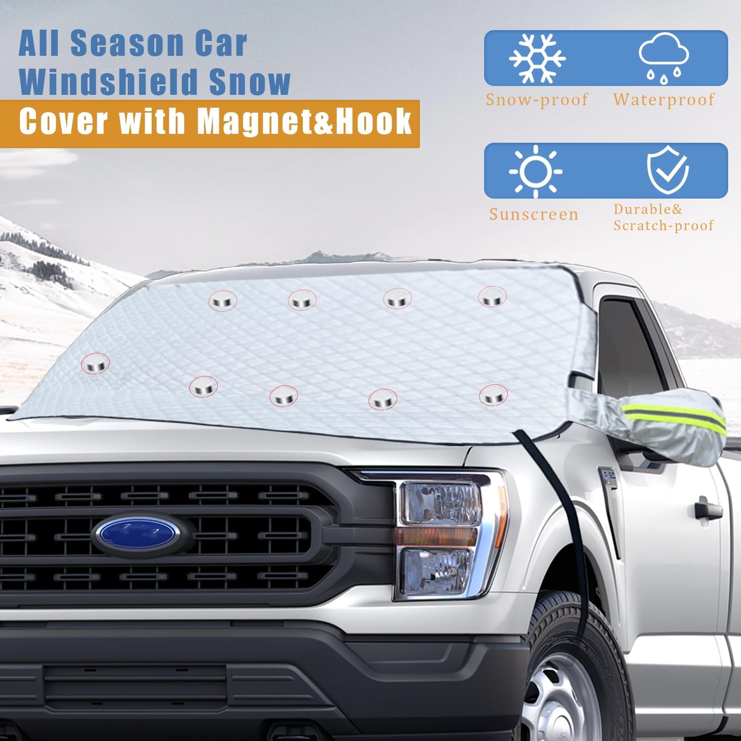 Car Windshield Snow Ice Cover with Side Mirror and Hook,Magnetic Windshield Cover for Ice and Snow,Car Windshield Sun Shade Foldable,Fit for Large SUV/Pickup/Truck/MPV(Silver-65 x49)