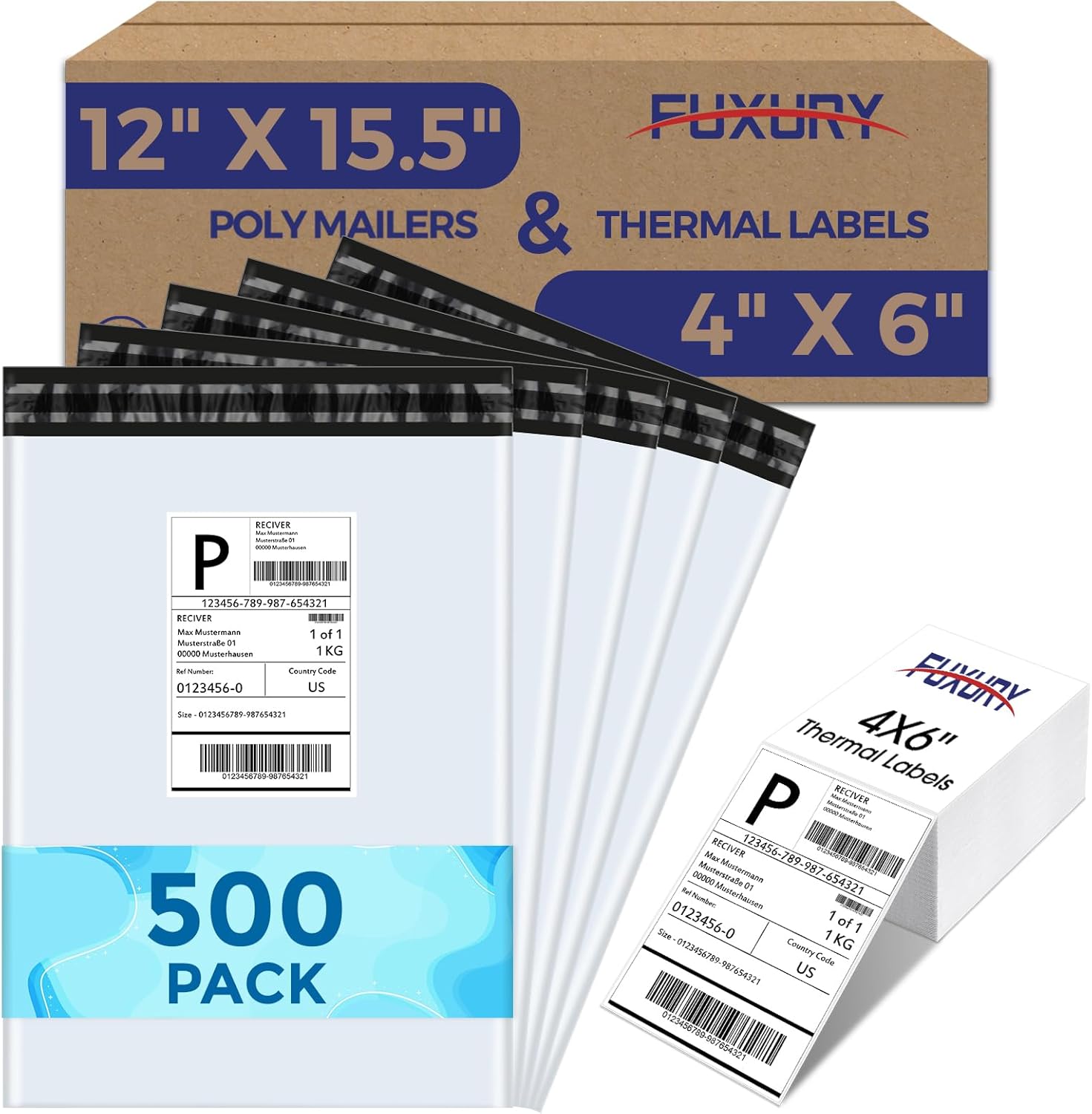 Fuxury 500 Pcs 12x15.5" Poly Mailers Sets with 4x6" Thermal Labels, Waterproof Mailing Envelopes & Stickers for Clothing, Strong Adhesive Poly Shipping Postage Bags for Business (White A Box)