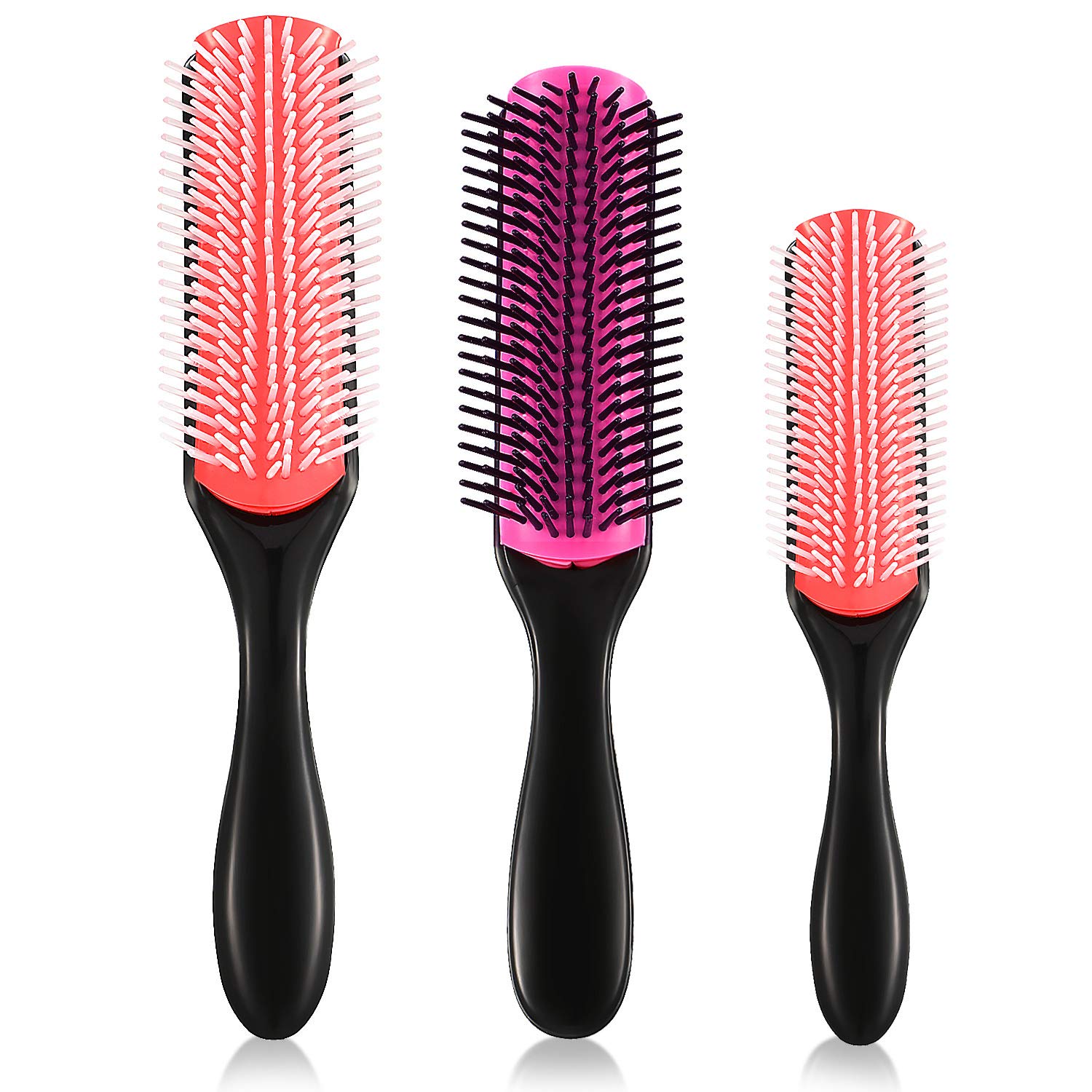 3 Pieces 9-Row Cushion Nylon Bristle Styling Brushes with Anti-static Rubber Pad Massage Hair Brush for Separating, Defining Curls, Blow-Drying, Styling, Detangling, 3 Sizes (Pink, Orange)