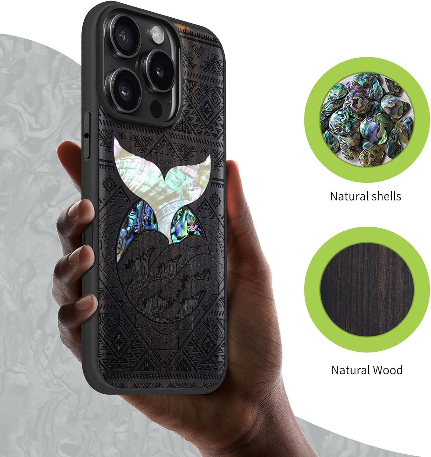 Carveit Magnetic Case for iPhone 16 Pro Case, Wood Artisan Engraved & Handmade Shell Inlaid, TPU Shockproof Cover, Compatible with MagSafe Wireless Chargers (Whale Tail in The Waves) Blackwood