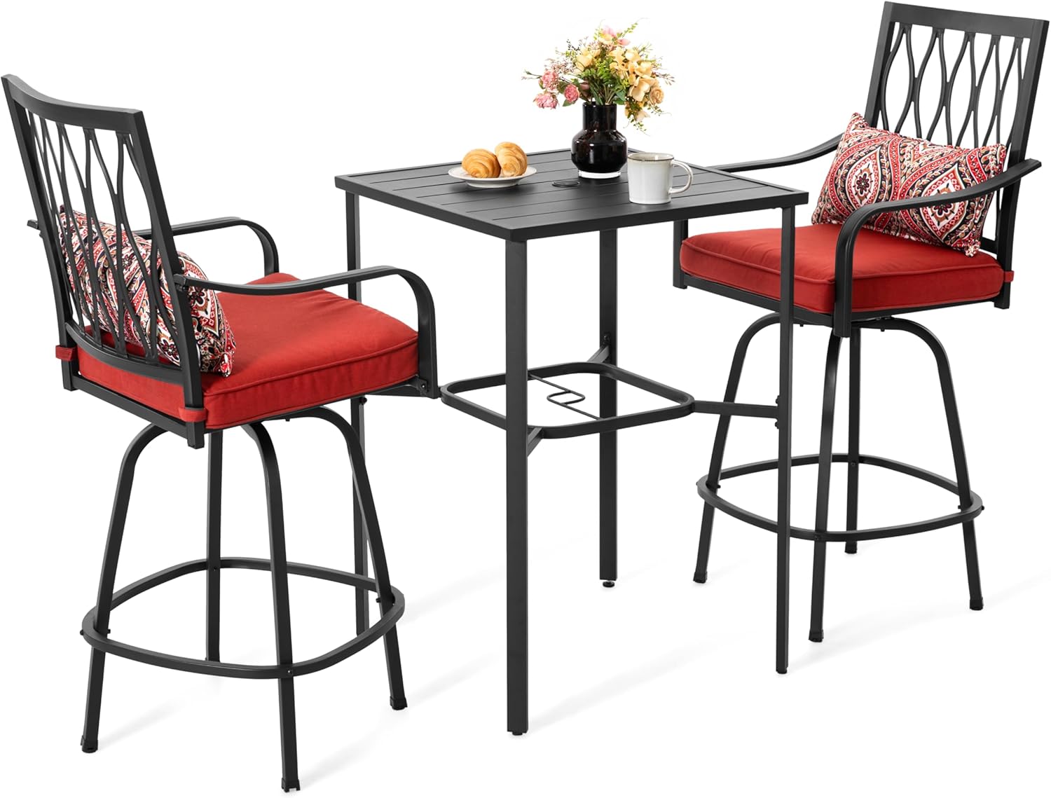 NUU GARDEN 3 PCS Patio Swivel Bar Sets with Padded Cushions and Extra Pillows,All Weather High Bistro Sets with 2 Outdoor Bar Stools and 1 Square Bar Table,Black,Red