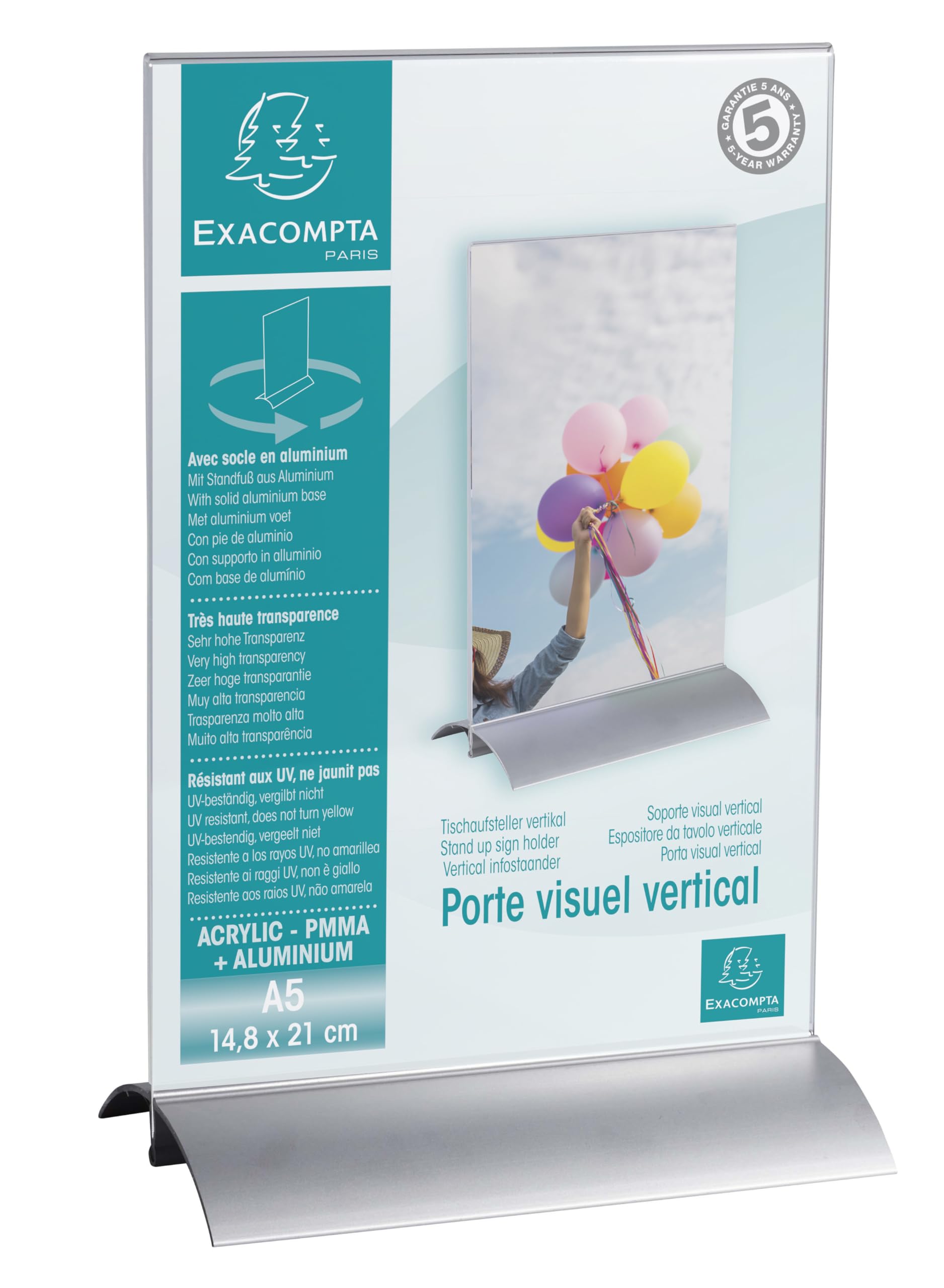Exacompta - Ref. 85658D - Cartón de 5 soportes visuales inclinados sobre pie de aluminio vertical - Dimensiones 21 x 30 x 8,5 cm - Portamenú, carta de vinos, carteles, documento A5 - En PMMA - Alu