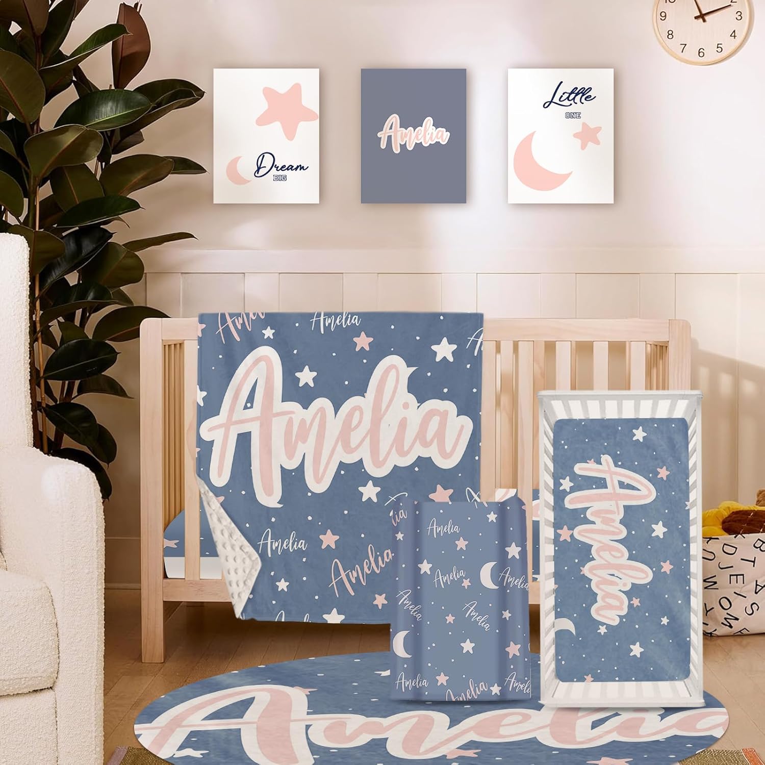 TOOTANN Custom Baby Crib Bedding Set, 5 Pcs Personalized Name Baby Crib Sheets for Kid Toddler Infant, Light Blue Starry Sky and Stars Nursery Bedding Set
