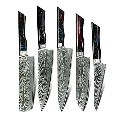 Damascus Steel Knife Set 5 PCS Cutlery Set Extremely Sharp And Cut Easily Premium Quicksand Epoxy Resin Handle