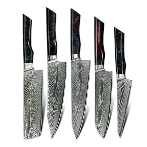 Damascus Steel Knife Set 5 PCS Cutlery Set Extremely Sharp And Cut Easily Premium Quicksand Epoxy Resin Handle