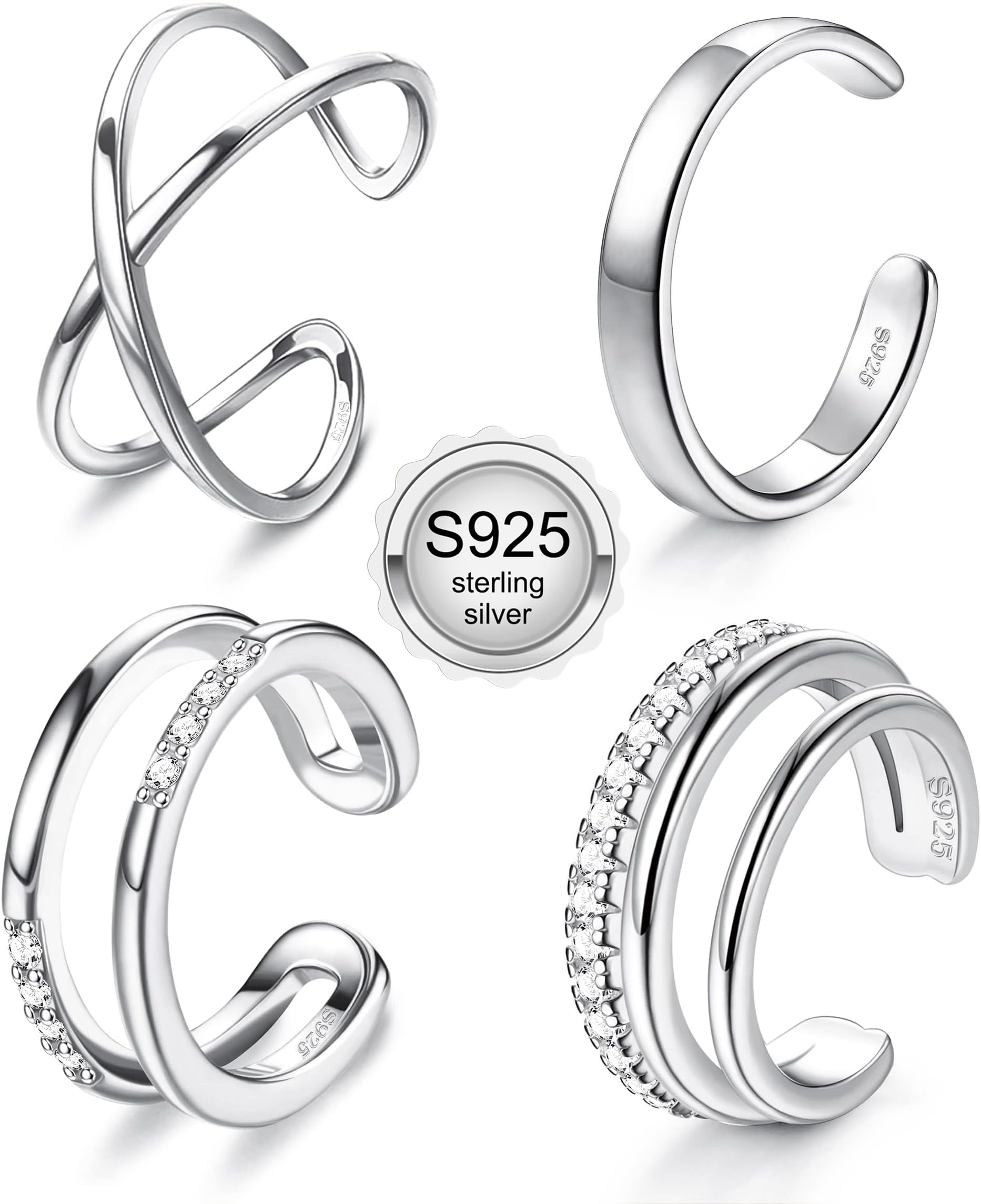 JeryWe 4 Pcs 925 Sterling Silver Ear Cuff for Women Non Piercing Adjustable Ear Cuff Earrings Clip On Cartilage Helix Wrap Ear Jewelry Set