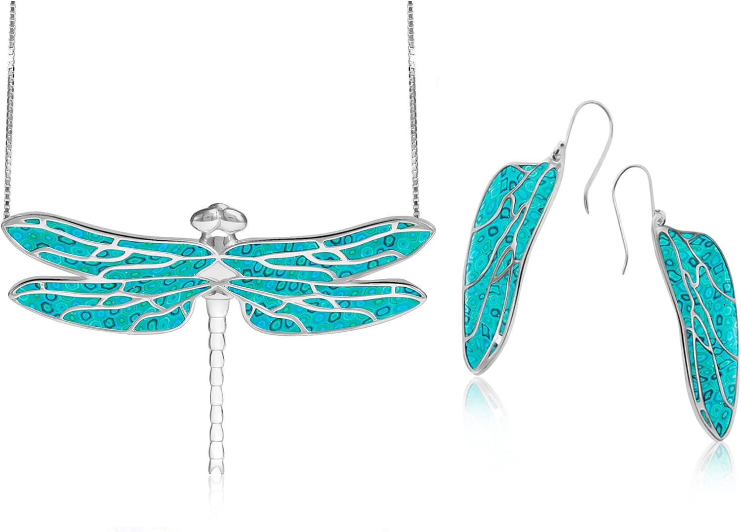 925 Sterling Silver Dragonfly Necklace and Wing Earrings Polymer Clay Handmade Jewelry Set, 16.5"