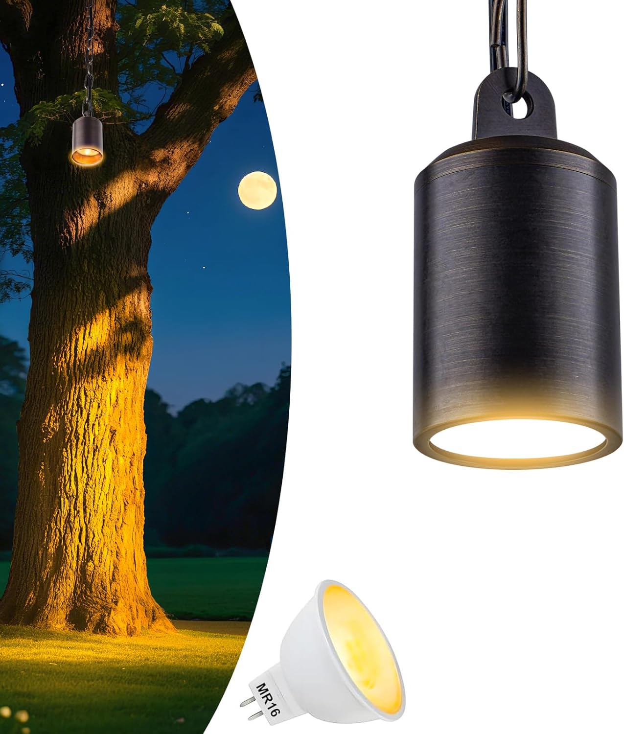 Low Voltage Hanging Light Outdoor, 12V Brass Landscape Pendant Tree Light, Replaceable GU5.3 MR16 LED Bulb, Soft Warm White 2700K, IP65 Waterproof Design for Garden Yard Gazebo Pergola