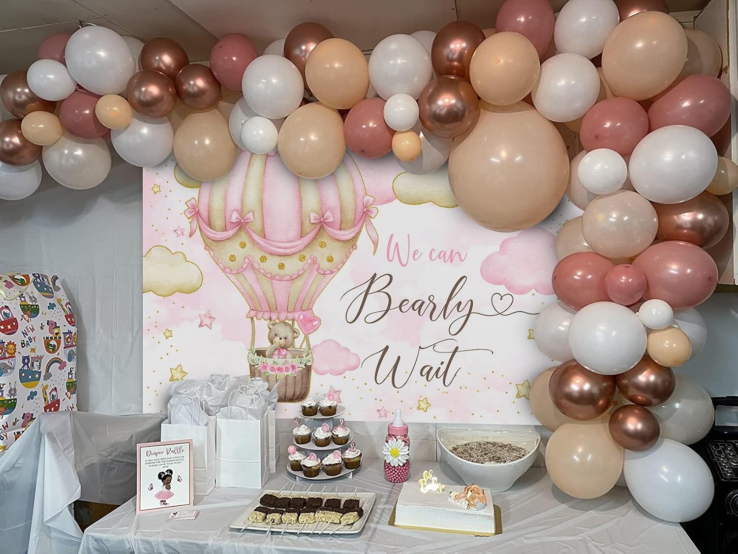 Avezano We Can Bearly Wait Backdrop Hot Air Balloon Pink Bear Baby Shower Backdrop Girls Newborn Baby Shower Photography Background (Pink, 7x5ft, 83x59inch)