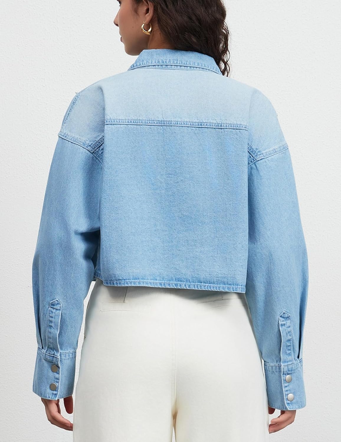 Ladyful Oversized Jean Jacket for Women Pearl Cropped Lightweight Button Down Long Sleeve Denim Jacket Coat - Image 6