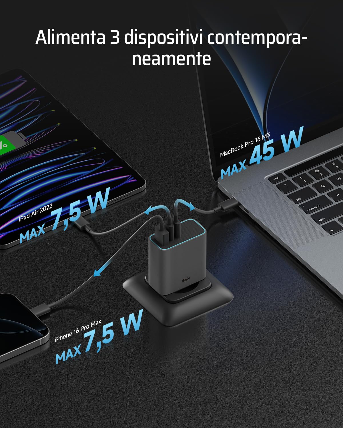 CUKTECH Caricatore USB C 65W GaN Rapido Multiplo PD Compatibile Samsung Galaxy S24 iPhone 16 Pro Laptop MacBook Pro