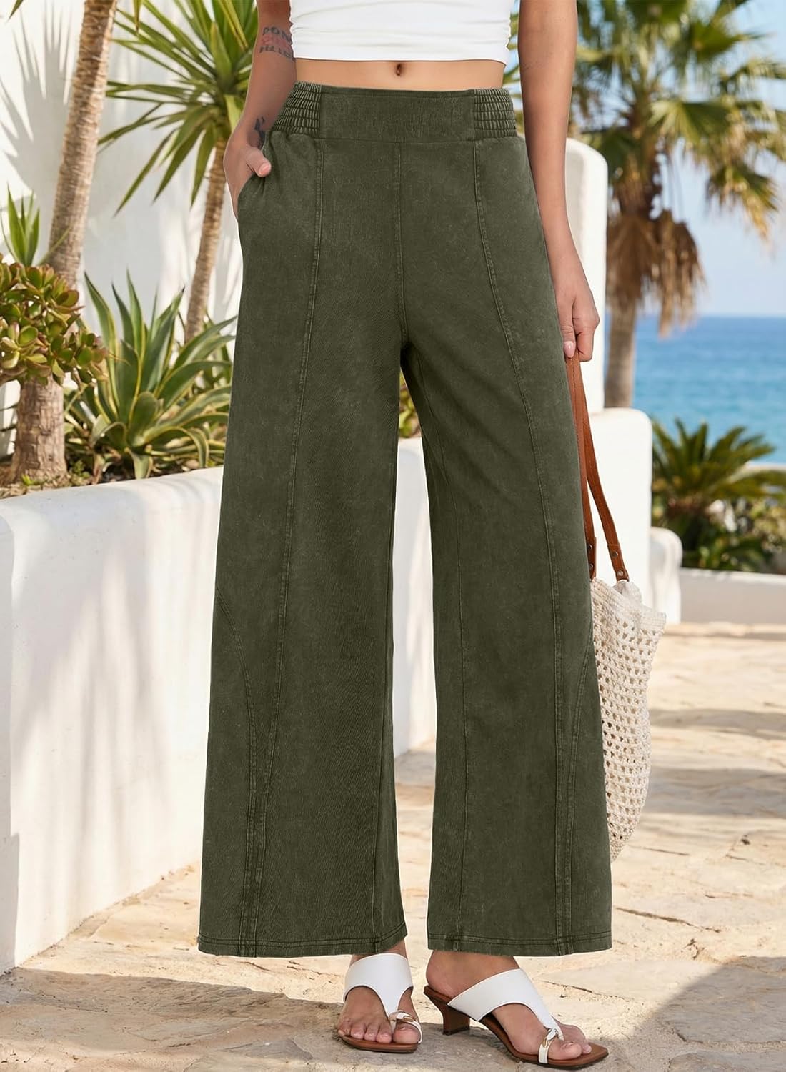 EVALESS Women's Wide Leg Baggy Pants Casual Elastic Waist Acid Wash Cotton Knit Palazzo Pants Boho Vacation Lounge - Image 3