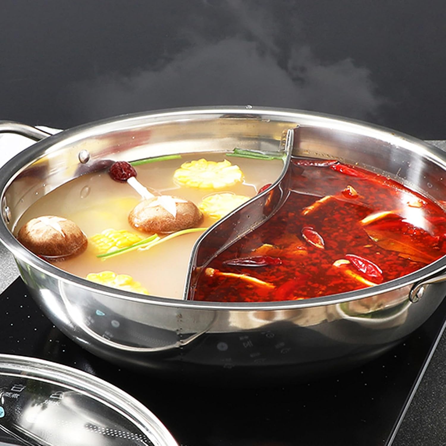 Luxshiny Hot Pot Medium Double-sided Separation Design Stainless Steel Even Heating Easy to Clean Split Pot Family and Friends Gatherings