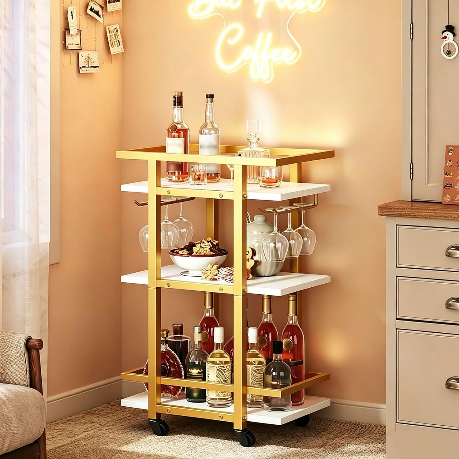 3 Tier Bar Cart, Home Bar Serving Cart with Wheels, Drink Cart with Glass Holder, Beverage Cart, Mobile Kitchen Cart, for Home, Garden, Party, Gold BC09DW