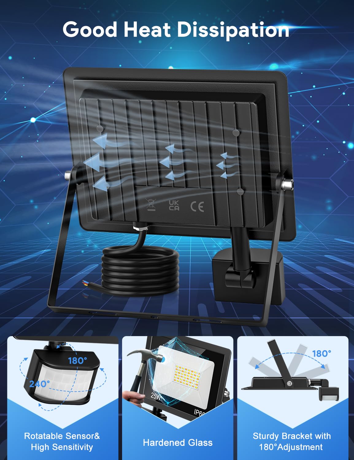 25W Faretto LED da Esterno con Sensore Movimento, 2700LM Faretti LED Esterno Regolabile Caldo Neutro Freddo, IP66 Impermeabile, Super Luminosa Proiettore con Telecomando Per Giardino, Cortile, Garage