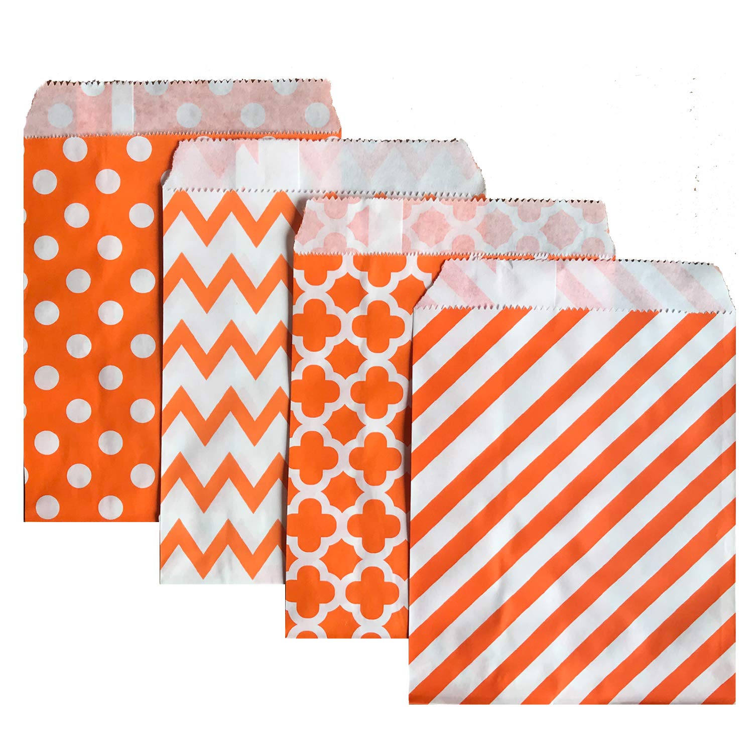 Party Favor Bag 5 7 inch, 100 pcs Food Safe Kraft Paper and Ink, Natural (Biodegradable), Vivid Colored Candy Cookie Buffet Paper Bags, Flat Paper Bag with 96 pcs 1.5 inch Stickers.(Orange Combo)