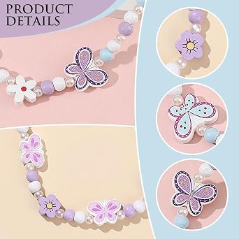 2 Pieces of Necklaces for Girls and 2 Pieces of Bracelets for Girls, Beaded Jewelry, Butterfly Element Jewelry, Cute Children's Jewelry