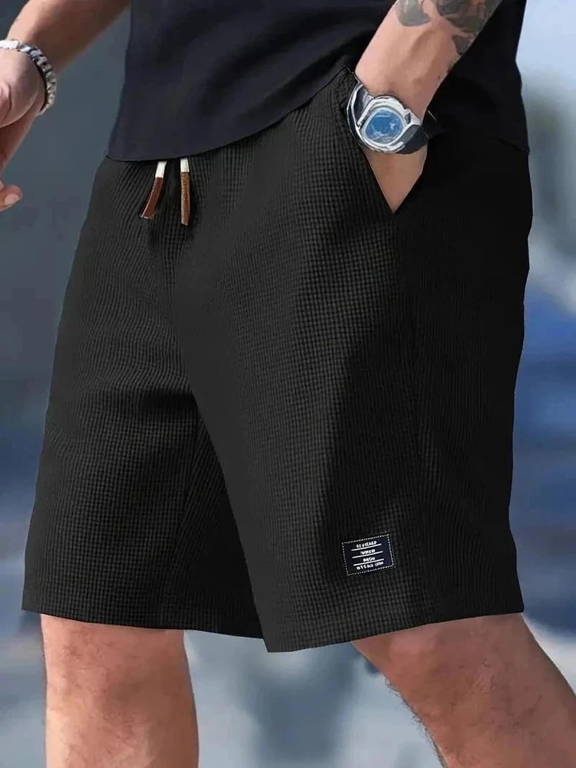 Men's Textured Shorts, Black, Drawstring Waist, Casual Athletic Style