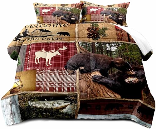 Miniatura 2 de LUVIVIHOME Juego de edredón de 3 piezas tamaño King, juego de ropa de cama rústica de cabaña, ciervos, bosque, animales, vida silvestre, caza,