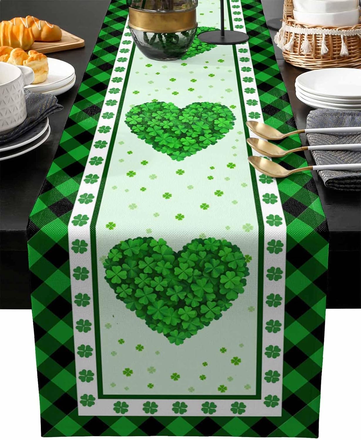 St. Patrick's Day Table Runner 120 Inches Long Burlap Table Runners St. Patrick's Day Clover Love Heart Green Lattice Border Table Decoration Runner for Party Holiday Wedding Dinner 13"x120"
