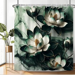 Fabric Shower Curtain with Hooks, Waterproof & Washable & Polyester, Modern Dark Green Floral Shower Curtains for Bathroom, Elegant Art Deco Abstract Aesthetic Bathroom Curtain, House Gift, 71x74 Inch