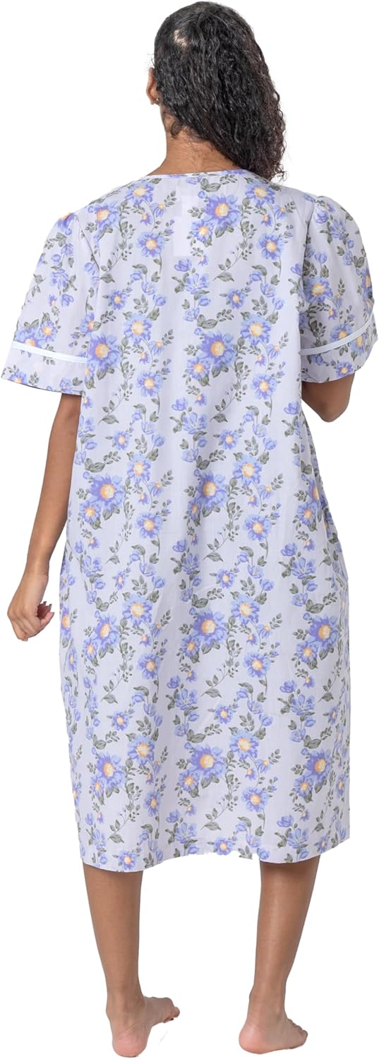 Women's Short Sleeve Woven Snap-Front Closure Floral Embroidery Housecoat Duster Lounge Nightgown Robe with Front Pockets - Image 6