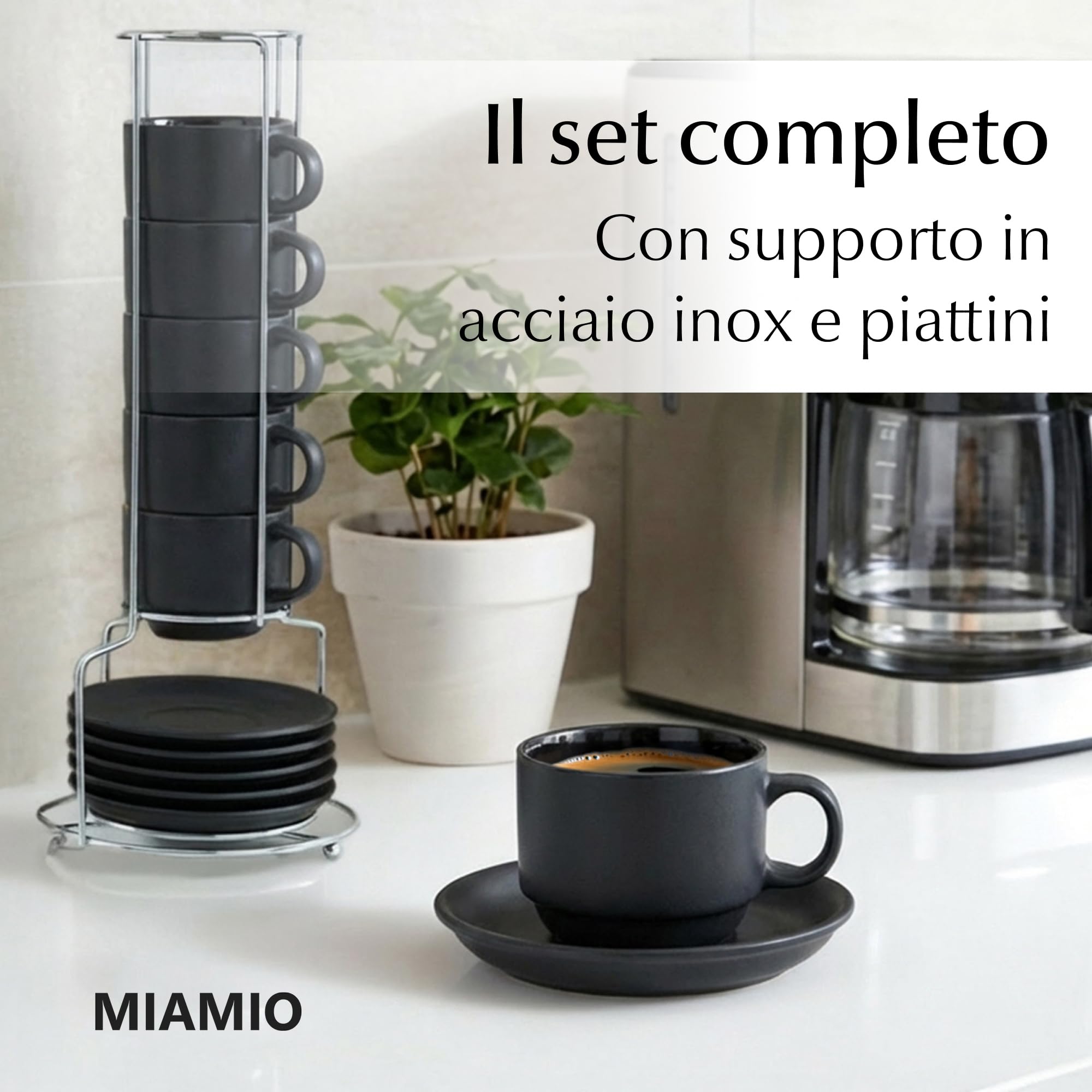 MIAMIO - 6 x 75 ml Espresso Tazzina da caffè - Sei Tazzine Impilabili - Set di Tazze da Caffè, Ceramica - Le Papillon Collezione (Nero)