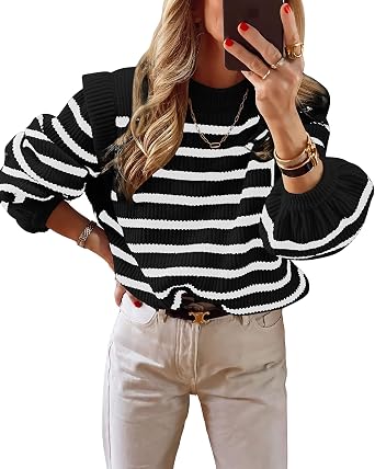 LouKeith Womens Long Sleeve Knit Sweater Crewneck Striped Loose Pullover Tops Lantern Sleeve Casual Sweaters Jumper Tops