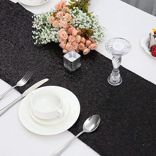 Miniatura 7 de SoarDream Camino de mesa negro, 10 paquetes de 12 x 72 pulgadas, lentejuelas de tela metálica con purpurina para fiestas, cumpleaños, vacaciones,