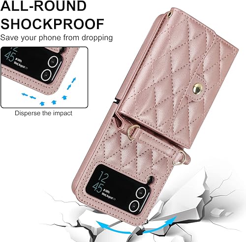 Miniatura 8 de Funda para Samsung Galaxy Z Flip 4, monederos para teléfono con bandolera y correa de pulsera, funda de piel sintética con bloqueo RFID (oro rosa)