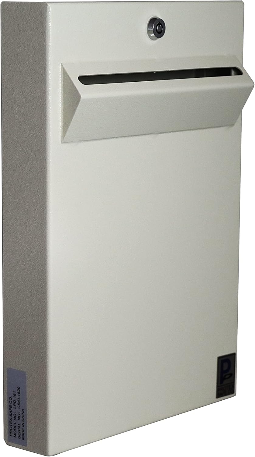 Protex Wall Mount Drop Box (LPD-161), for ballots, cash, checks, large size envelopes and other large documents, Piano hinge, Pre-drilled mounting holes off-white