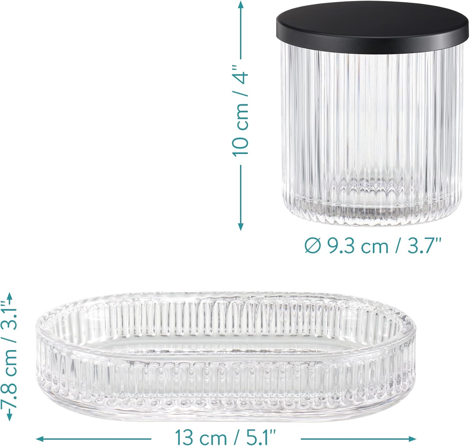 Navaris Glass Bathroom Accessories Set (4 Pieces) - Includes Soap Dispenser, Toothbrush Tumbler, Soap Dish, Cotton Pad Holder - Clear Glass with Black Metal