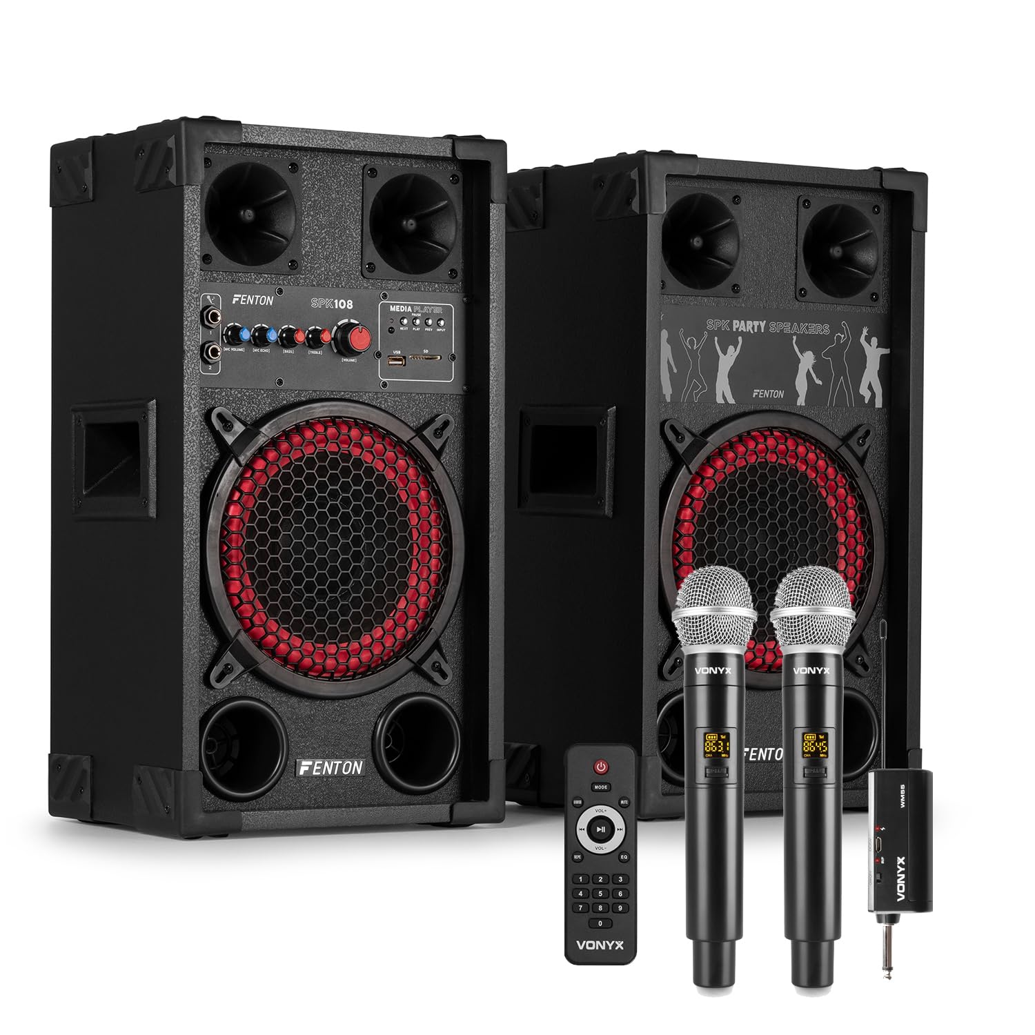 Fenton SPK-108 8-Inch Active Bluetooth Karaoke Speaker System with Dual Wireless UHF Microphones, 400W Portable Home Karaoke Machine for Adults, USB MP3 Playback & Echo Controls