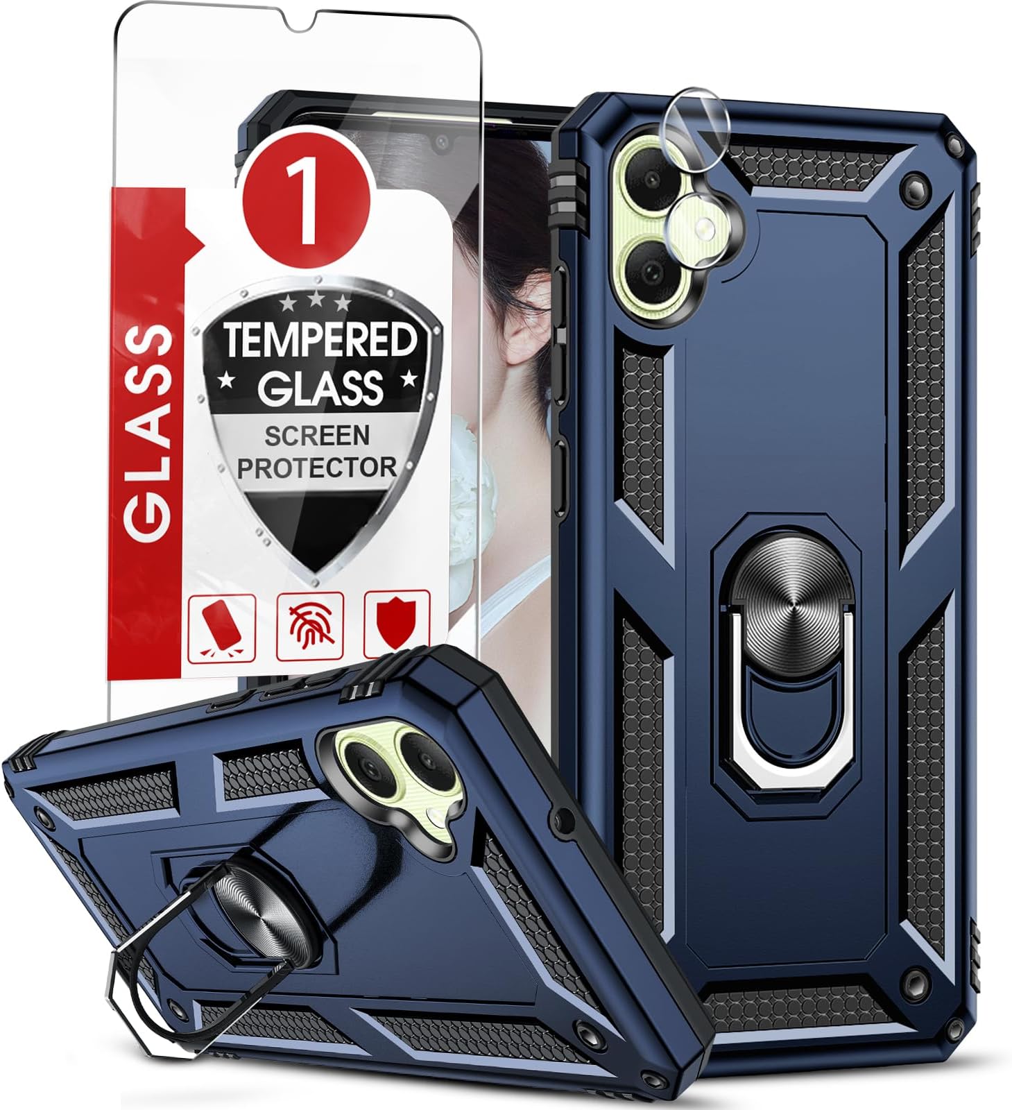 for Samsung Galaxy-A05-Phone Case, Samsung A05 Case with Glass Screen Protector and Camera Lens Protector, Heavy Duty Rugged Protective Case Cover with Kickstand Funda para Galaxy AO5, Blue